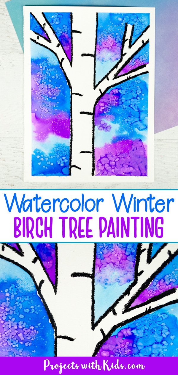 winter birch art project for kids using watercolors and oil pastels
