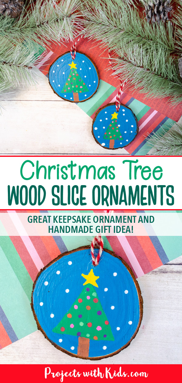 Christmas tree painted on a wood slice ornament kids craft idea