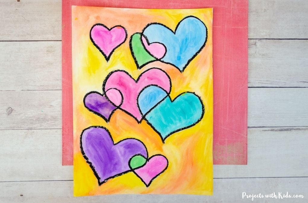 watercolor resist heart art for kids