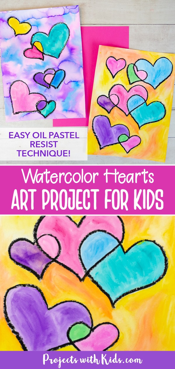 Watercolor resist heart art for kids
