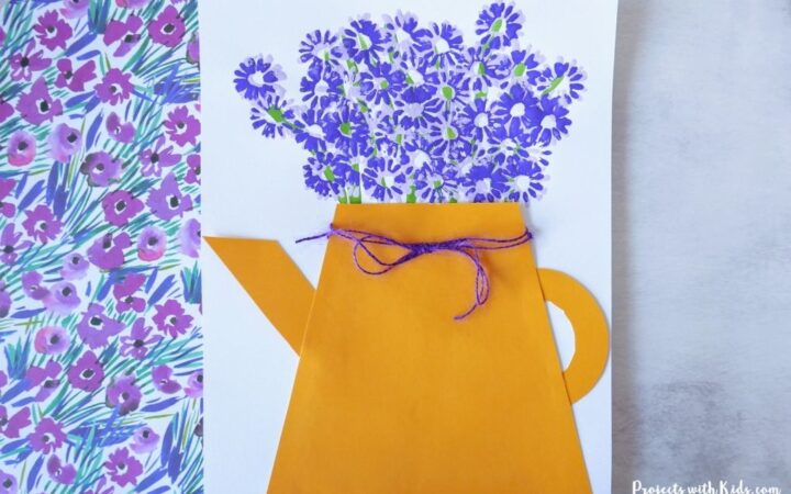 Mini painted flowers with a watering can template art project idea for kids