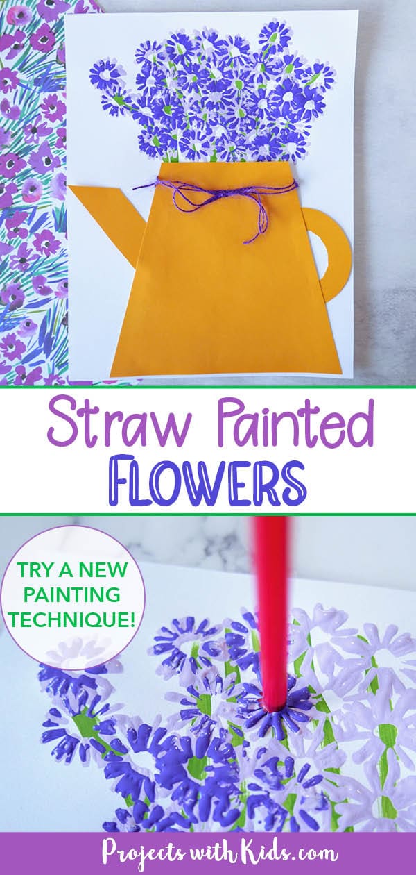 Using a straw to paint flowers in a flower bouquet with a paper watering can glued to to a piece of paper. 