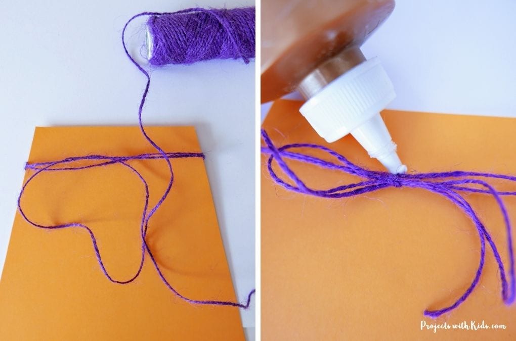 Tying purple string to a watering can paper template