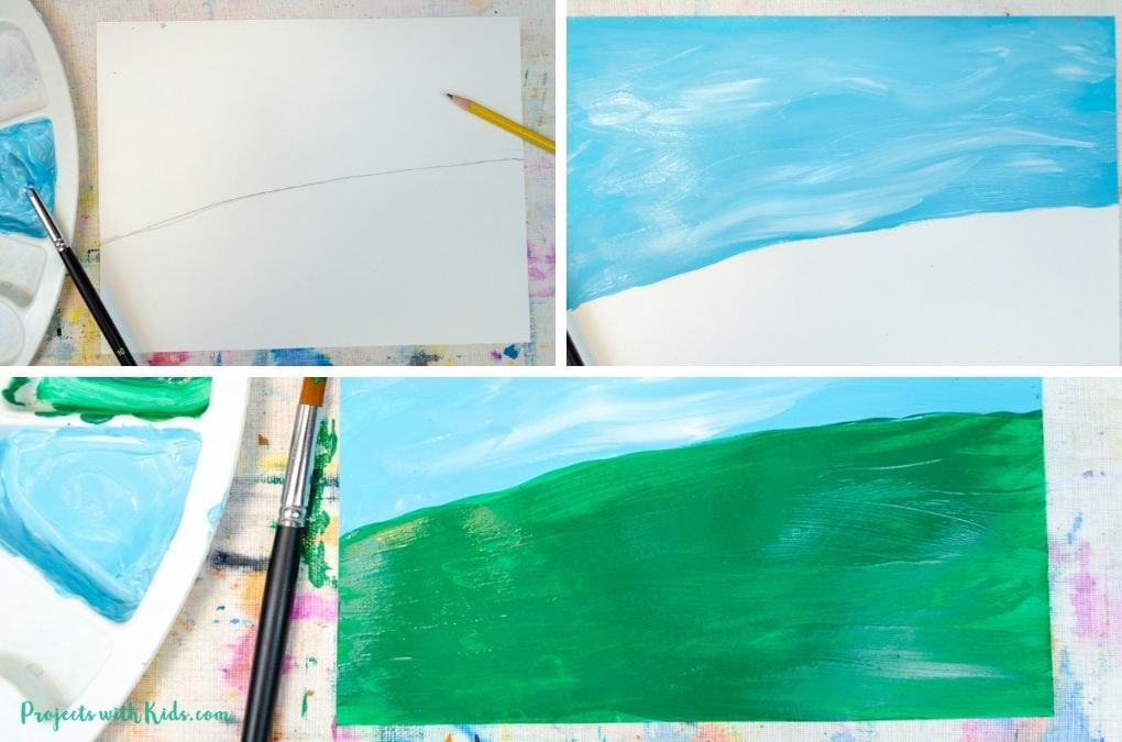 painting a sky and grass with acrylic paint.