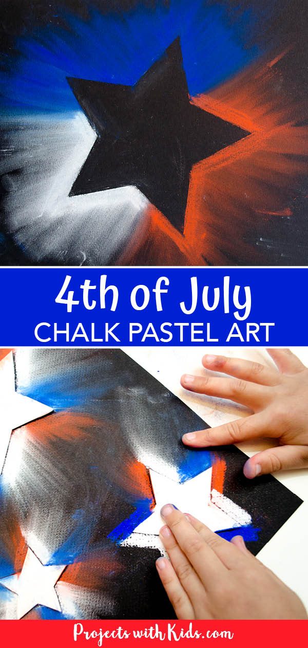 4th of July chalk pastel art project showing using a star template and smudging the pastels on black paper. 