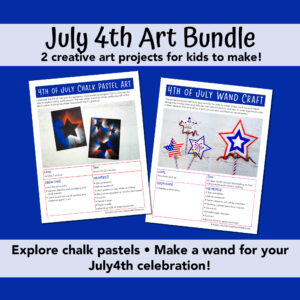 July 4th PDF sheets of 2 different art projects for kids. Printable wands and chalk pastel art both with a 4th of July theme. 