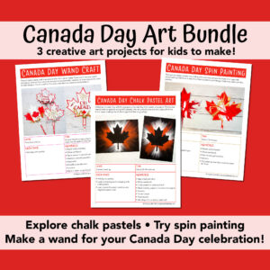 3 PDF sheets of Canada Day art projects for kids. Maple leaf spin painting, Canada Day chalk pastels, Canada Day printable wand craft.