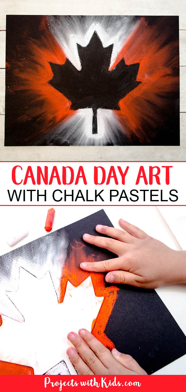 Canada Day chalk pastel art project for kids to make with a maple leaf printable template on black paper. Picture of hand smudging the pastels.