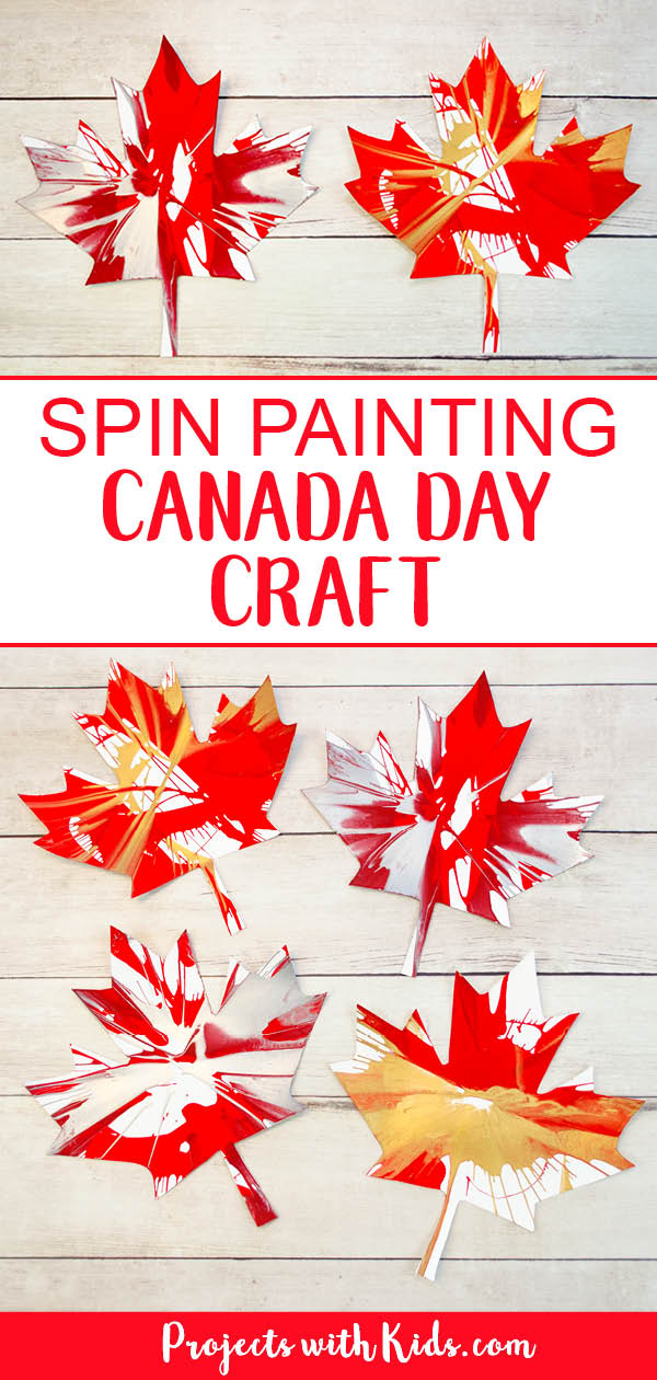 Canada Day spin painting with maple leaf templates using red, gold and silver paint.