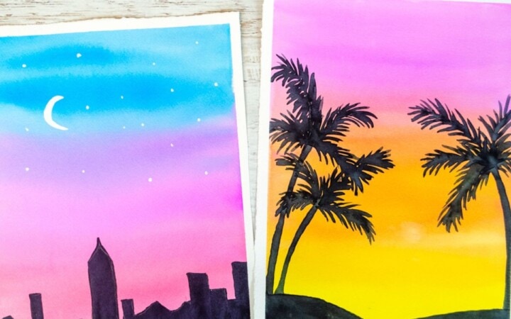 Sunset watercolor paintings with black silhouettes of palm trees and a skyline with a white moon and stars.