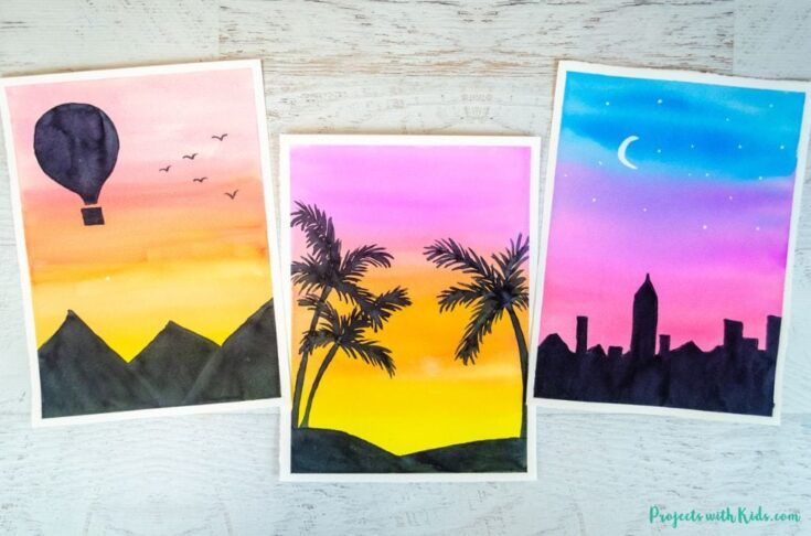 Sunset watercolors with palm tree, skyline, and hot air balloon silhouettes.