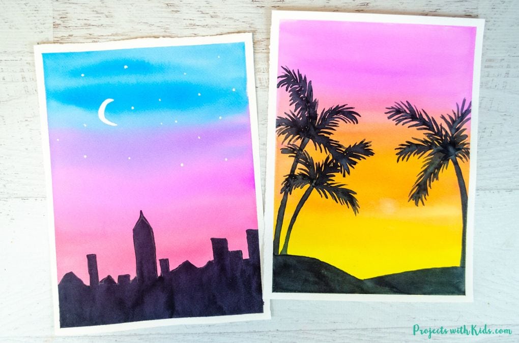 Watercolor sunset silhouette painting idea for kids.