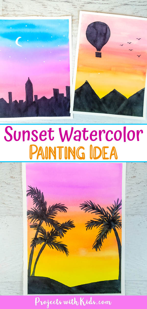 Sunset watercolor paintings with silhouettes of palm trees, skyline, and hot air balloon. Art project idea for kids.