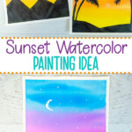 3 pictures of different sunset paintings with silhouettes. Summer art idea for kids.