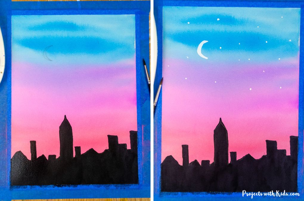 Blue and pink watercolor sunset with black silhouette skyline and white moon and stars.