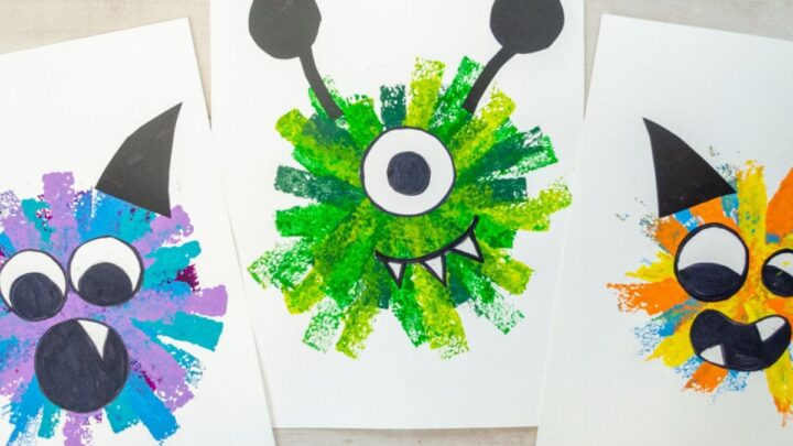 3 different examples of sponge painted monster craft for kids