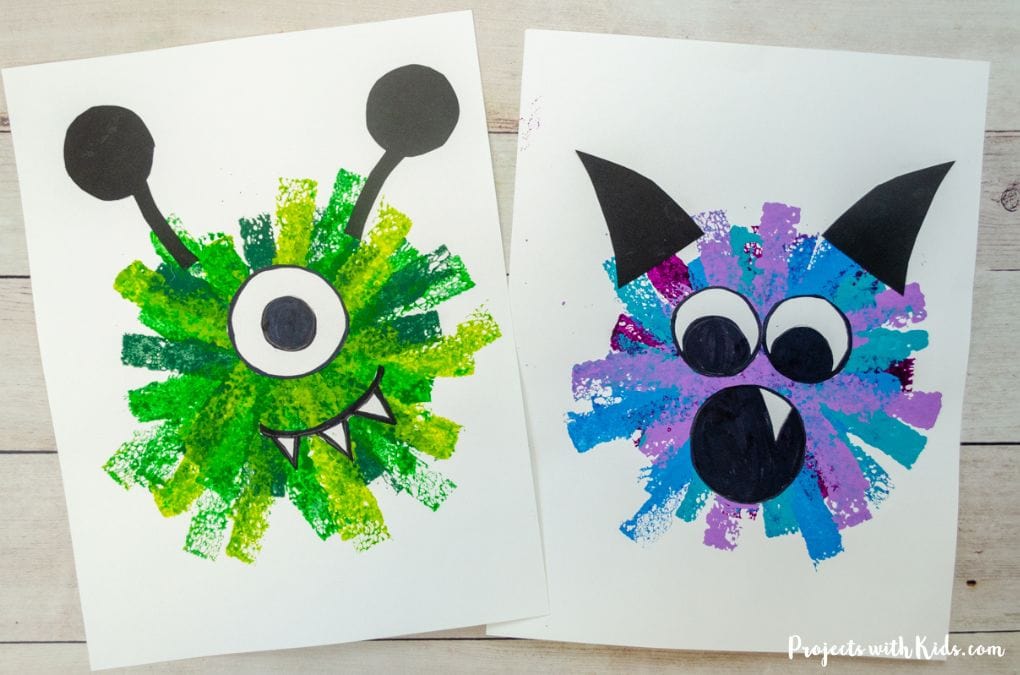 Sponge painted mosters kids art project idea.