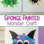 Monster art project for kids that uses sponge painting and drawn on eyes, mouth and horns.