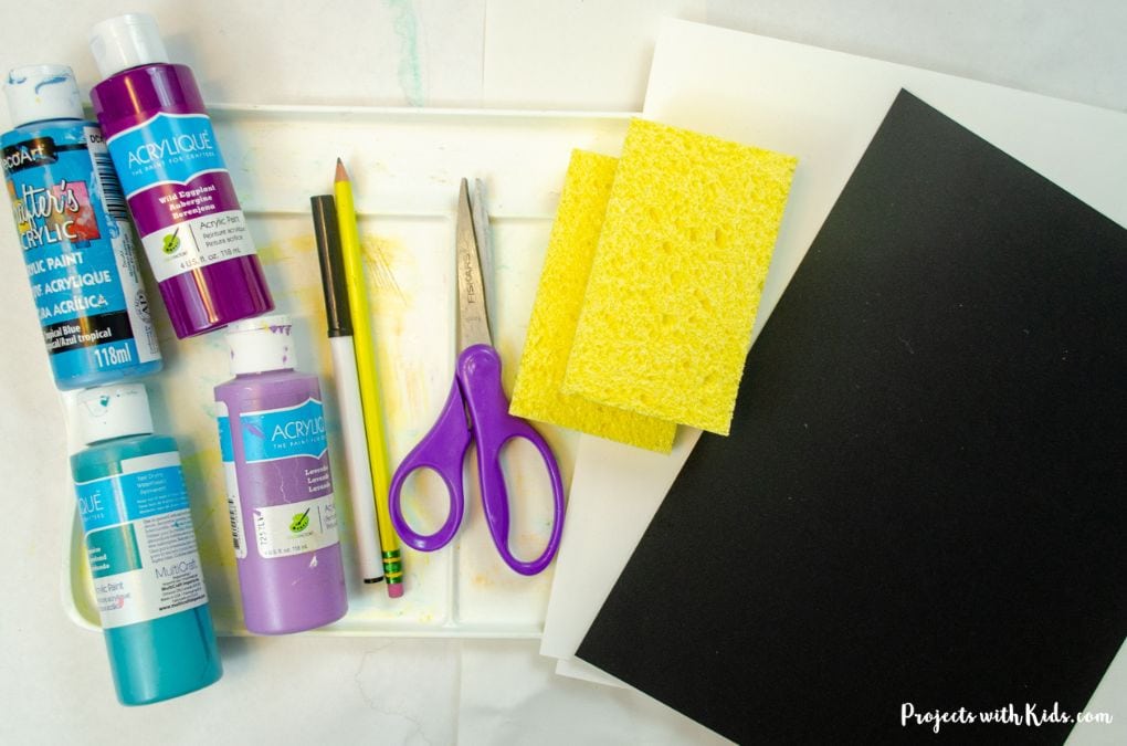 Painting supplies-acrylic paint, scissors, sponges, paper