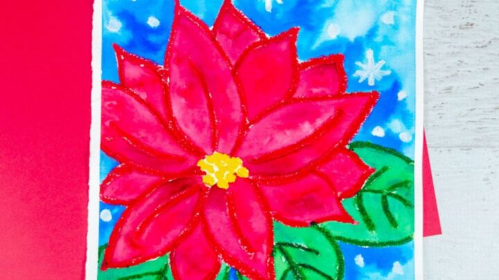 Poinsettia art project for kids to make using watercolor paint and oil pastels.
