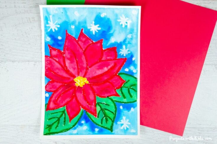 Poinsettia flower painting idea for kids using watercolors and oil pastels.