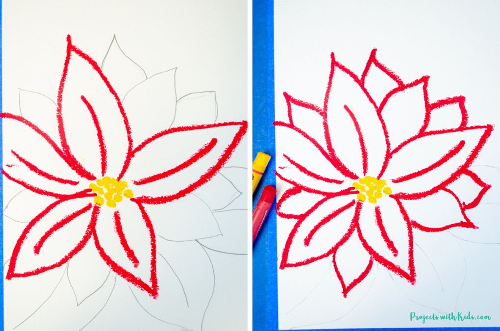 Drawing a poinsettia flower with red and yellow oil pastel.