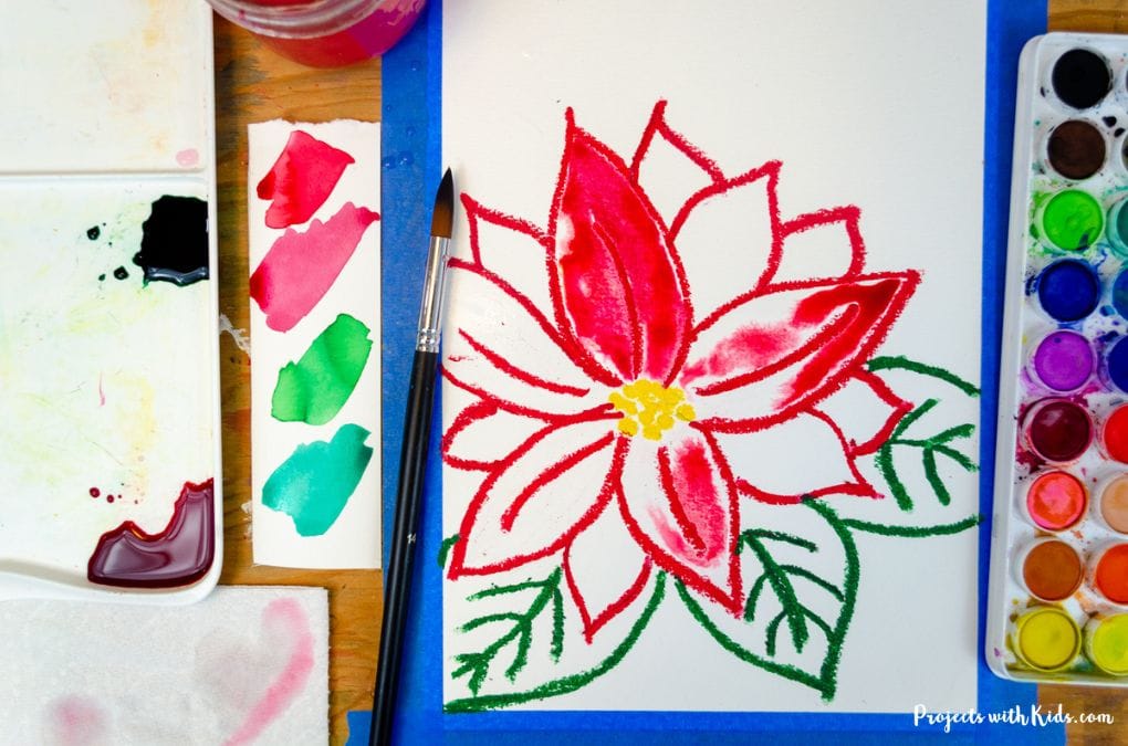 Watercolor painting tutorial of a poinsettia art project for kids