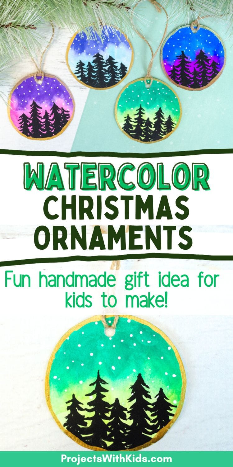 Examples of watercolor Christmas ornaments with colorful sky, stars, and black trees on watercolor paper that's been cut into circles.  