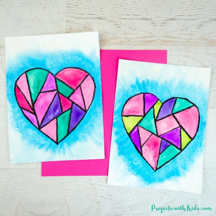 2 examples of geometric hearts painting idea for kids to make. Using watercolors and oil pastels.