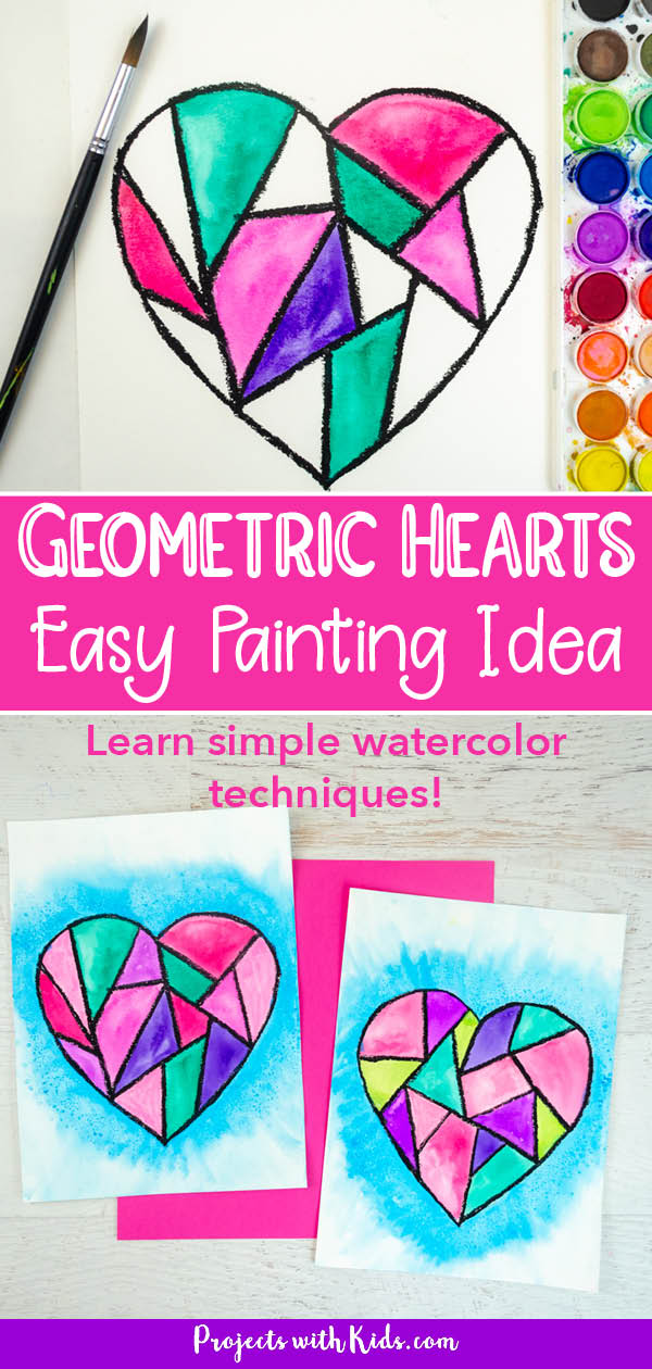 Geometric hearts painting idea for kids using watercolors and black oil pastels. 
