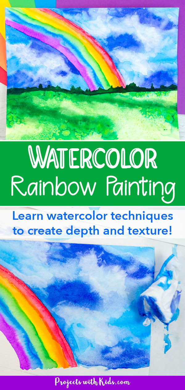 Watercolor painting with a stormy sky, rainbow, and a field with grass. Art project idea for kids and tweens.