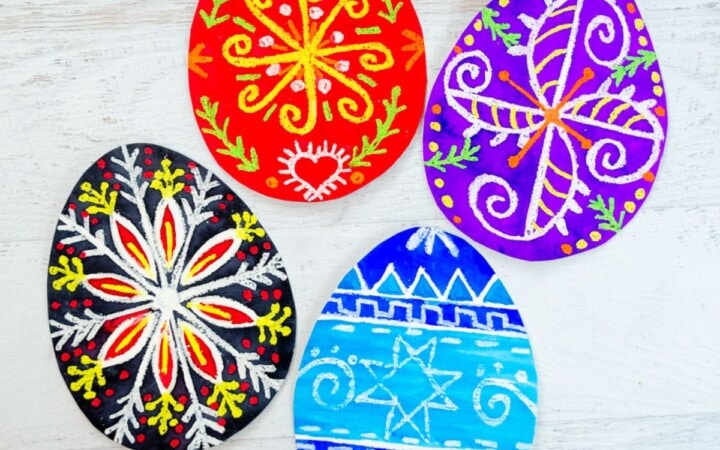 Ukrainian Easter eggs art project for kids using watercolors and oil pastels.