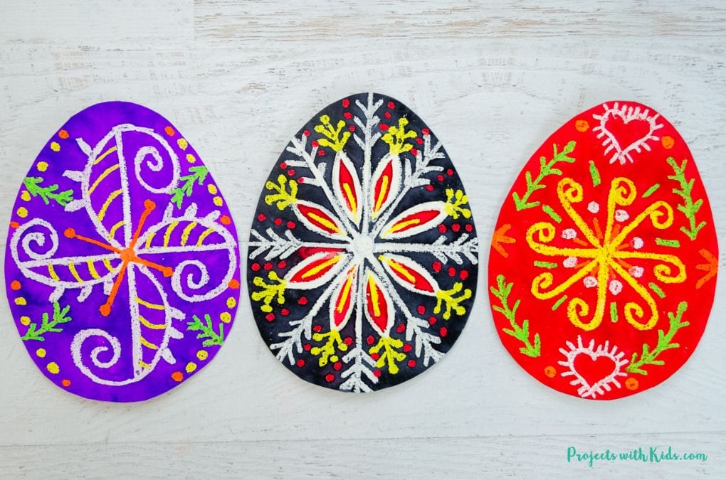 Ukrainian Easter egg art project called Pysanky using watercolors and oil pastels.