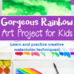 Watercolor landscape painting for kids and tweens to make with a stormy sky, rainbow and grass field.