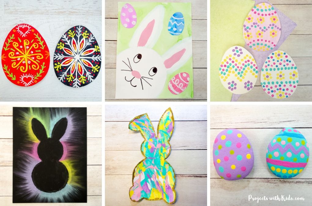 Easter art projects for kids using different art materials and techniques.