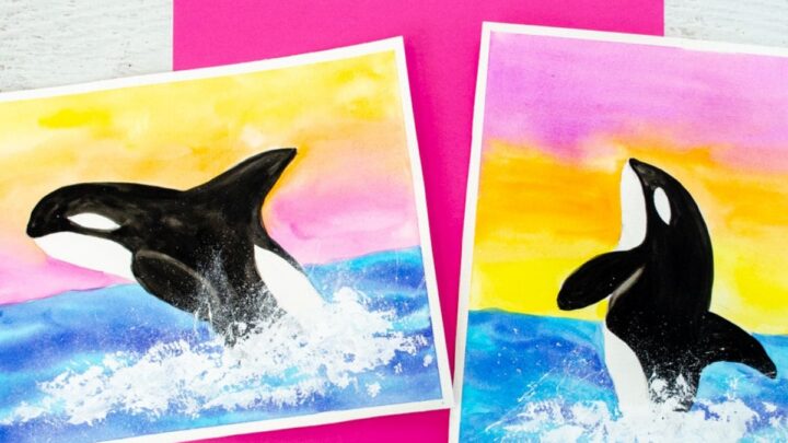 Two different orca whale watercolor paintings jumping out of the water with a sunset sky and water splashes. Art project for kids and tweens.