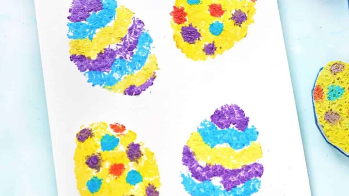 Easter egg sponge painting craft for kids focusing on patterns and colors. Easy classroom activity.